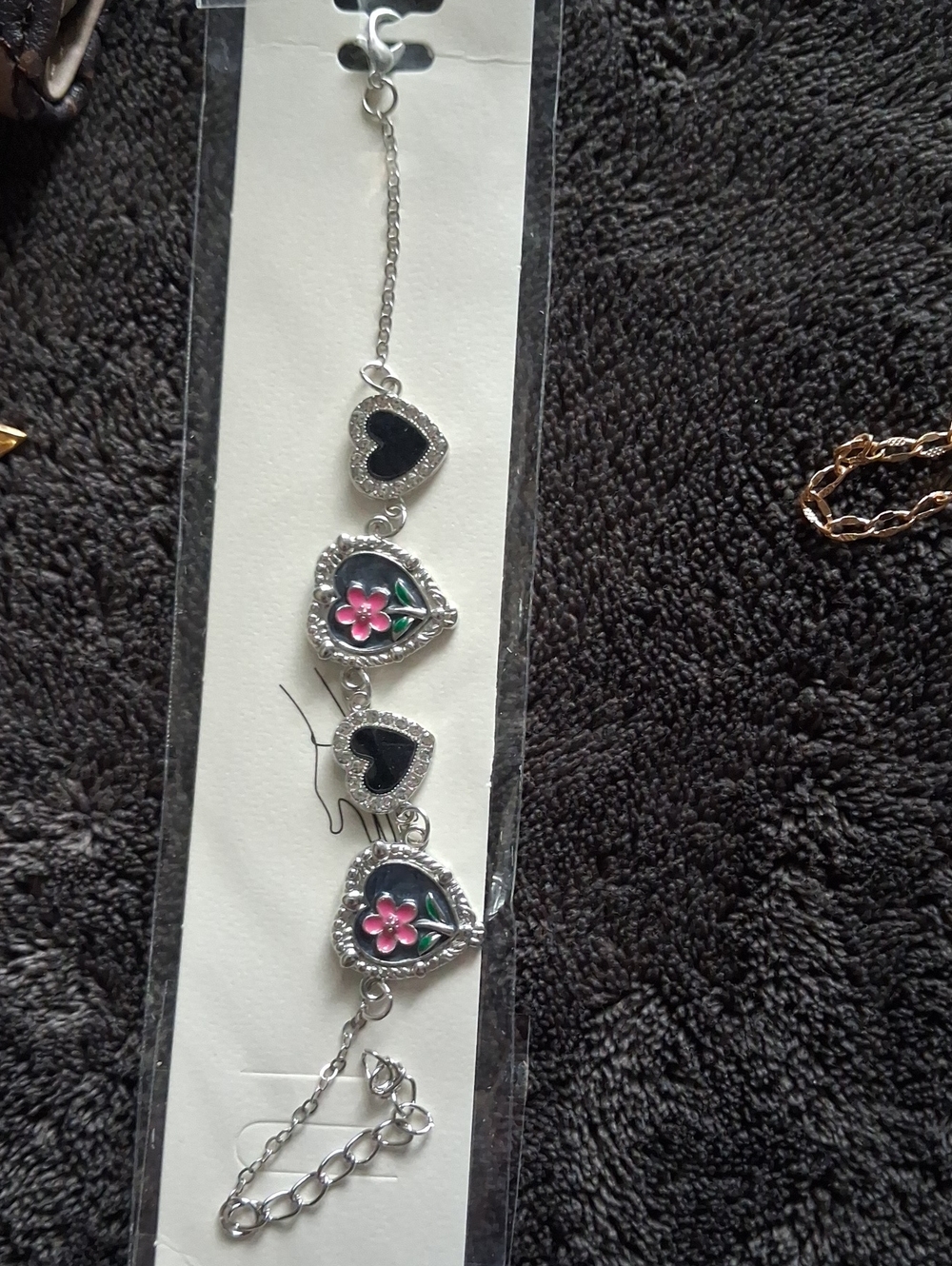 Silver Heart and Pink Flower Charm Bracelet - Women Jewelry